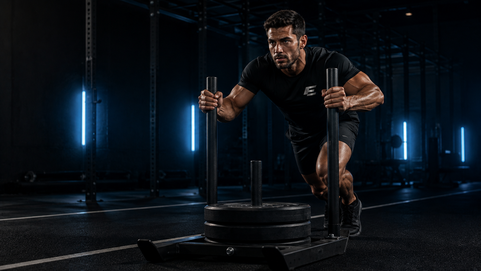 Pharma ELMT athlete pushing a weighted sled