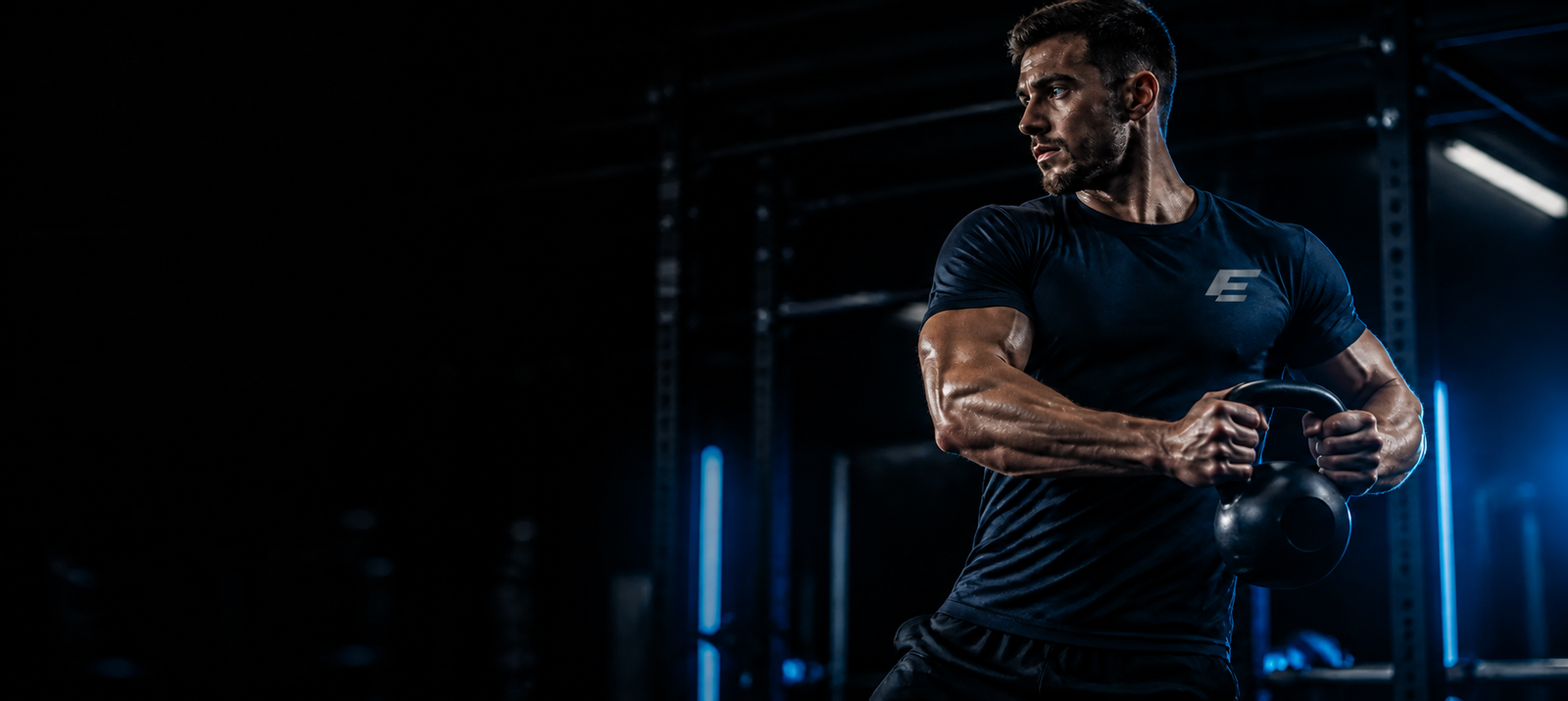 Athlete training in a gym with blue lighting